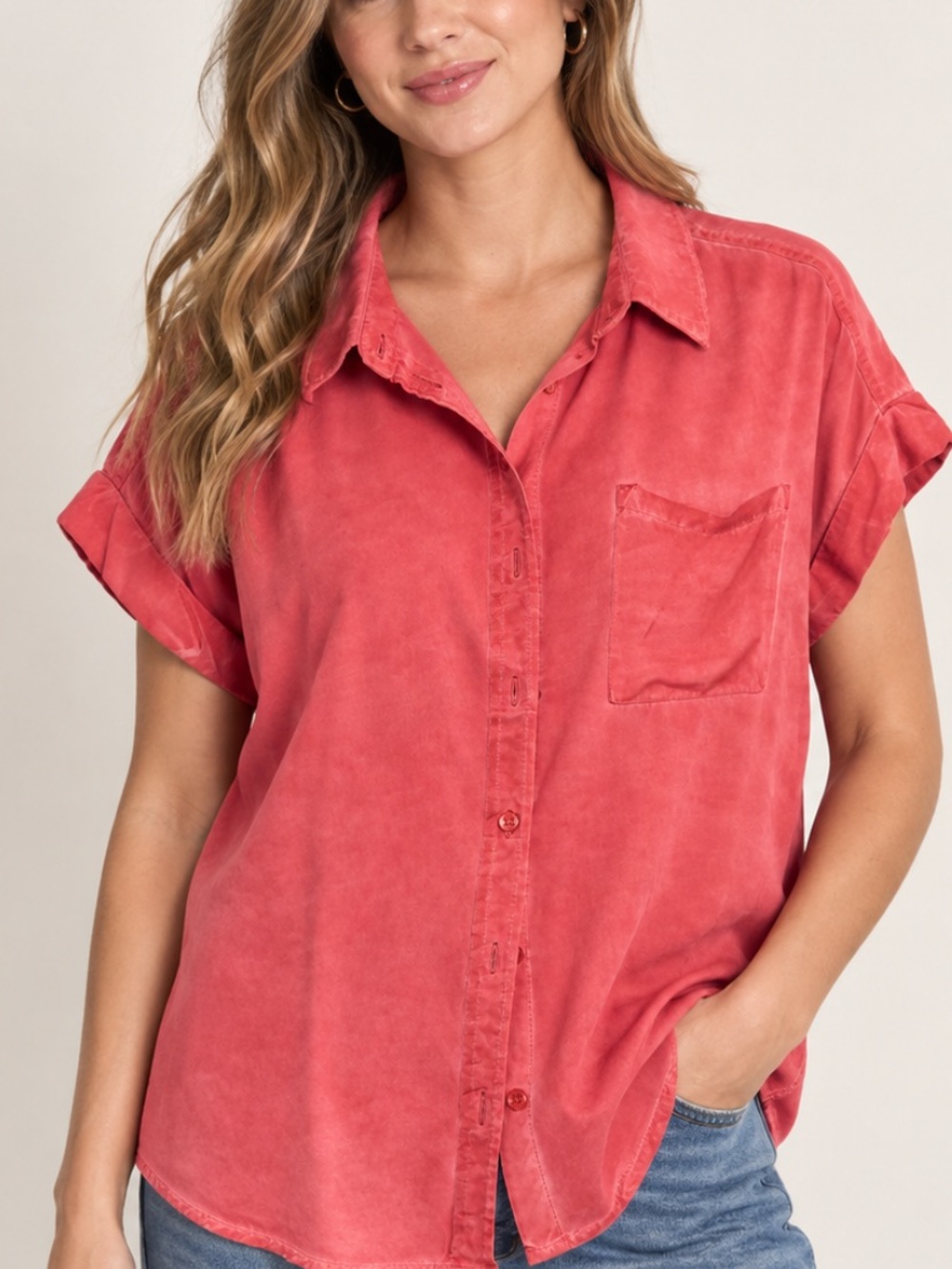 Velvet Heart Coral Pink Button-Front Short Sleeve Shirt